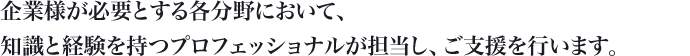 中国進出企業様が必要とする各分野において、知識と経験を持つプロフェッショナルが担当し、ご支援を行います。